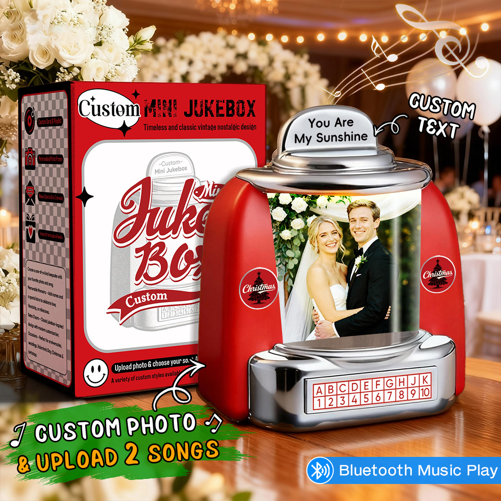 Custom Mini Jukebox Wedding Memory Retro Speaker Personalized Photo,Names & Date Music Mini Player with Radio | Vintage Tabletop Home Decor Nostalgic Christmas Retro Gifts