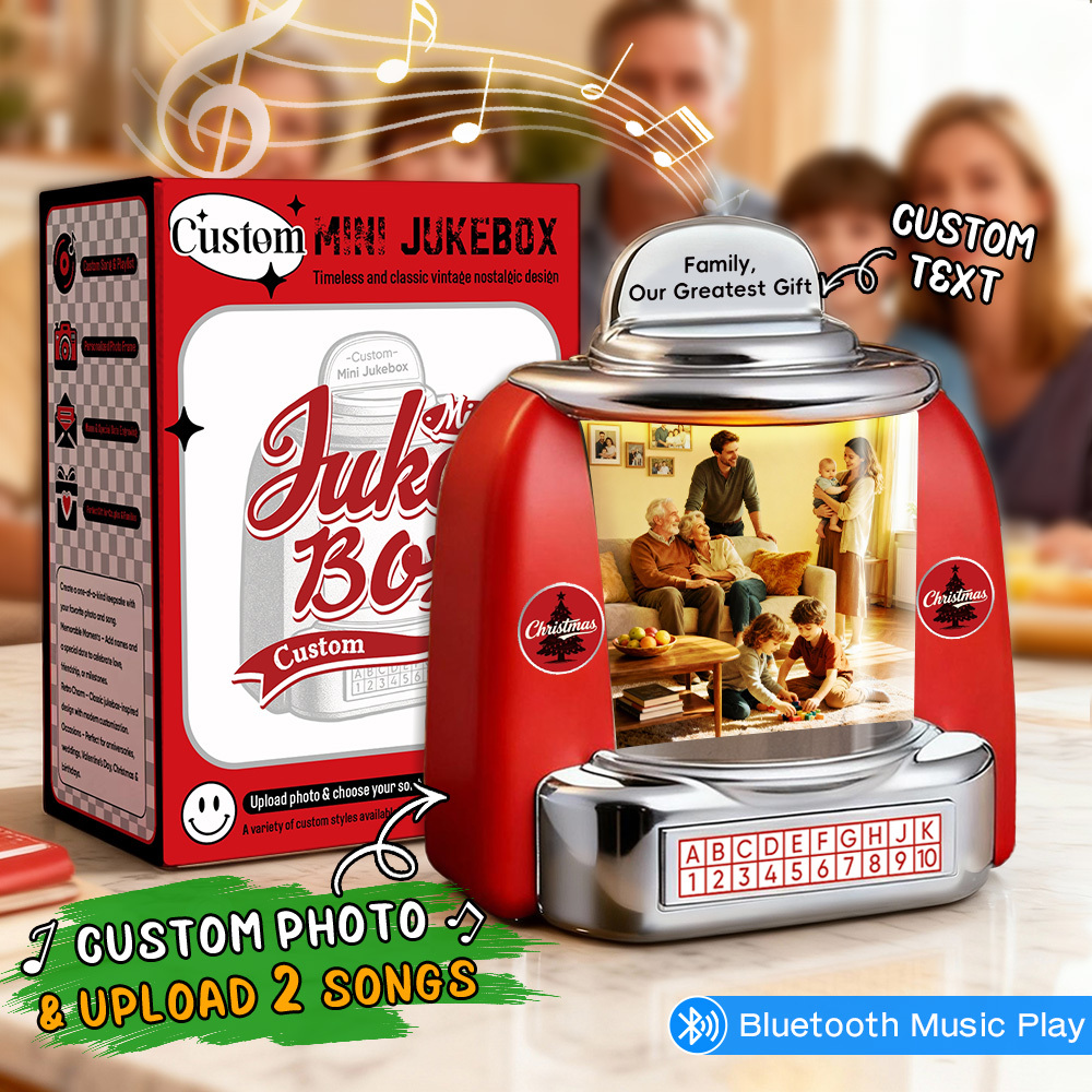 Custom Mini Jukebox Retro Speaker Family Moment Frame Personalized Photo,Names & Date Music Mini Player with Radio | Vintage Tabletop Home Decor Nostalgic Christmas Retro Gifts