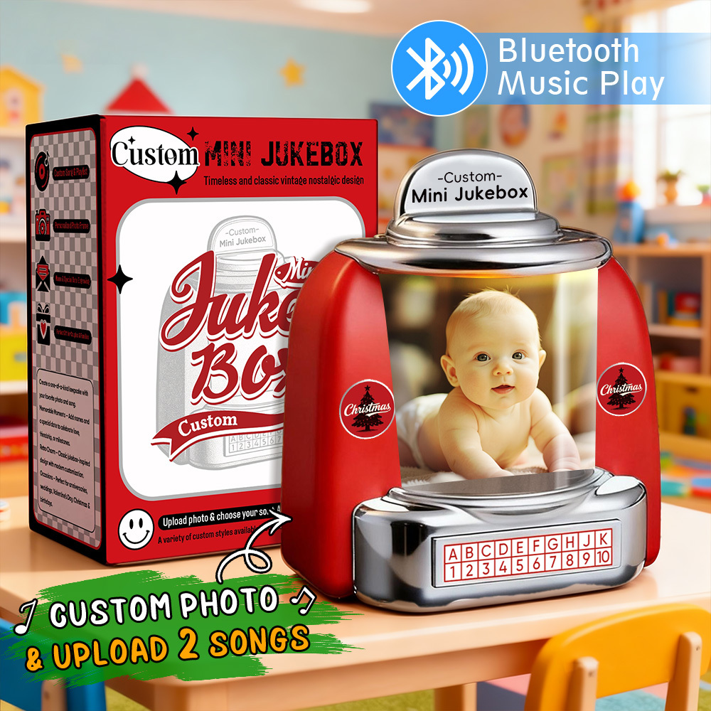 Custom Mini Jukebox Retro Speaker Baby Arrival Generations Personalized Photo,Names & Date Music Mini Player with Radio | Vintage Tabletop Home Decor Nostalgic Christmas Retro Gifts