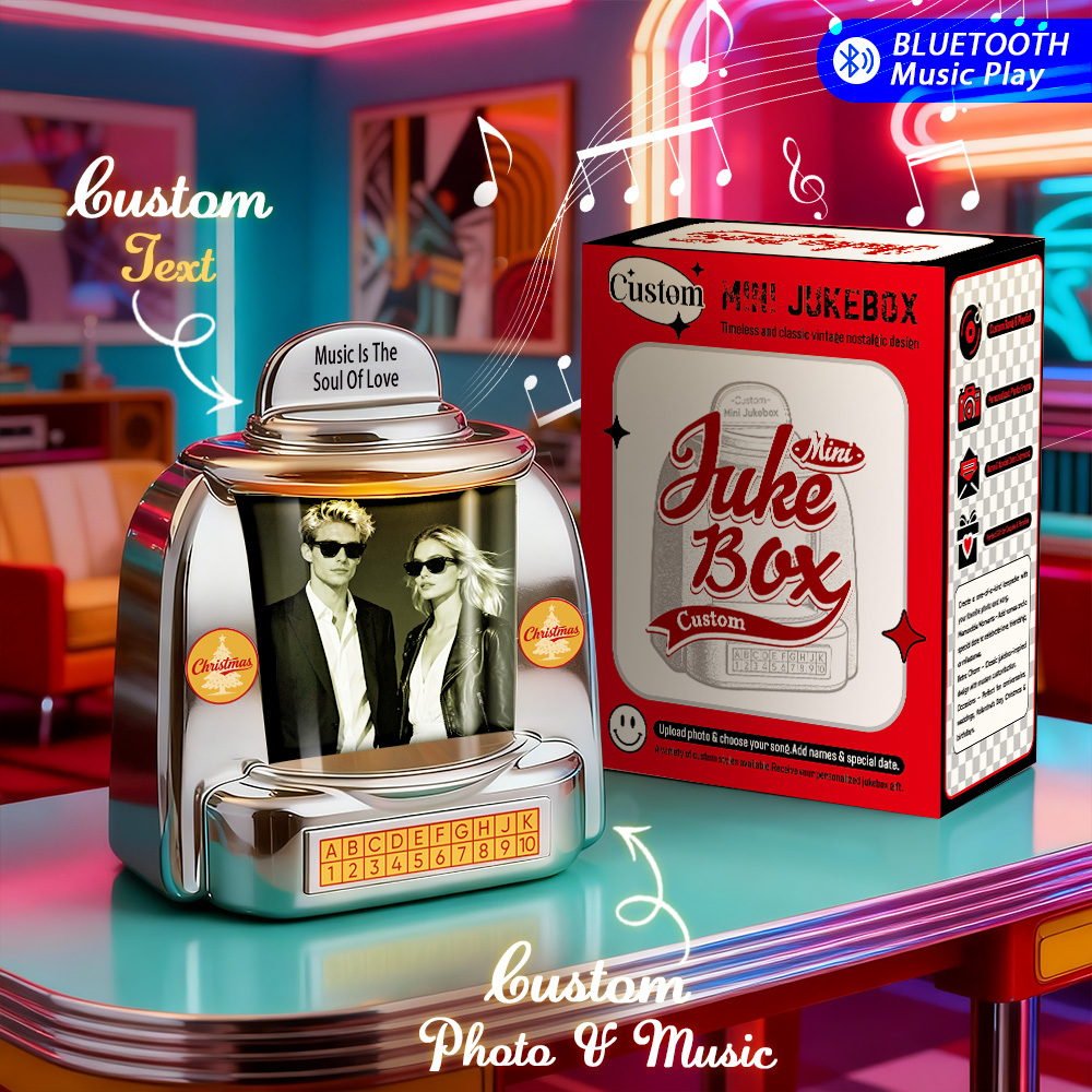 Custom 60s Modern Vintage Mini Jukebox Speaker Personalized Retro Bluetooth Photo Music Player 