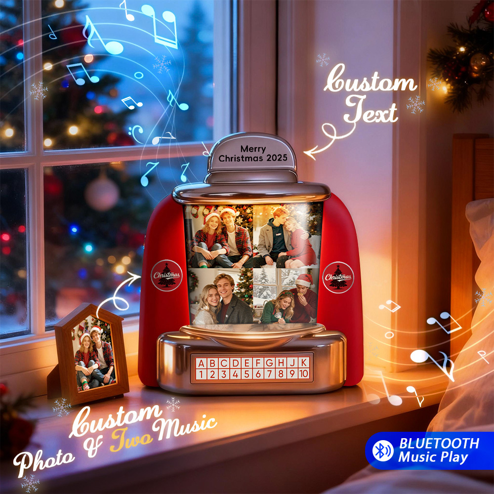Custom Christmas Mini Jukebox Retro Speaker – Personalized Photo,Names & Date Music Mini Player with Radio | Vintage Tabletop Home Decor Nostalgic Christmas Retro Gifts - MyPhotoSocks