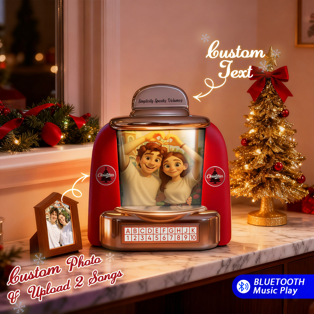 Custom Mini Jukebox Retro Speaker - Personalized Pixar Style Photo & 2 Songs Mini Player with Radio | Vintage Tabletop Home Decor Nostalgic Gift - MyPhotoSocks
