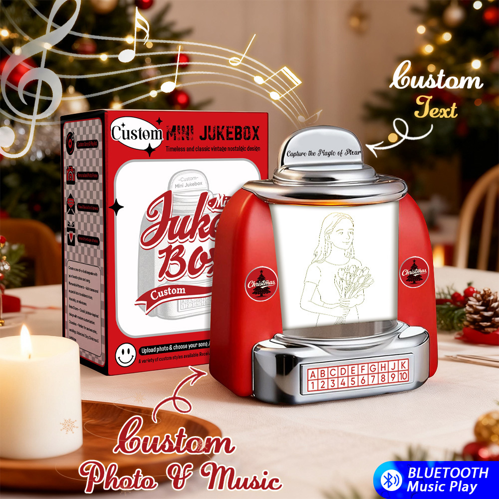 Custom Mini Jukebox Retro Speaker - Personalized Neon Light Portrait Photo Music Mini Player with Radio | Vintage Tabletop Home Decor Nostalgic Christmas Retro Gifts - MyPhotoSocks