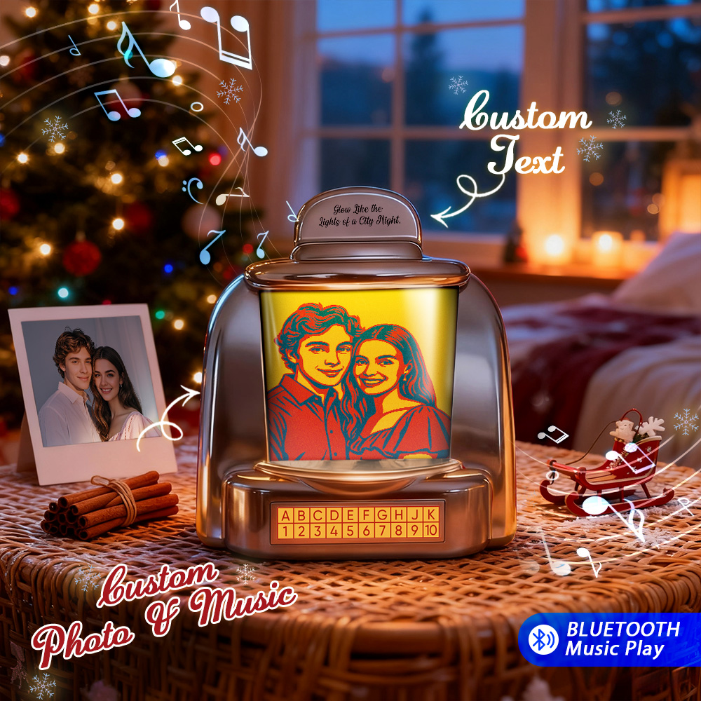 Custom Mini Jukebox Retro Speaker - Personalized Neon Light Portrait Photo Music Mini Player with Radio | Vintage Tabletop Home Decor Nostalgic Christmas Retro Gifts - MyPhotoSocks