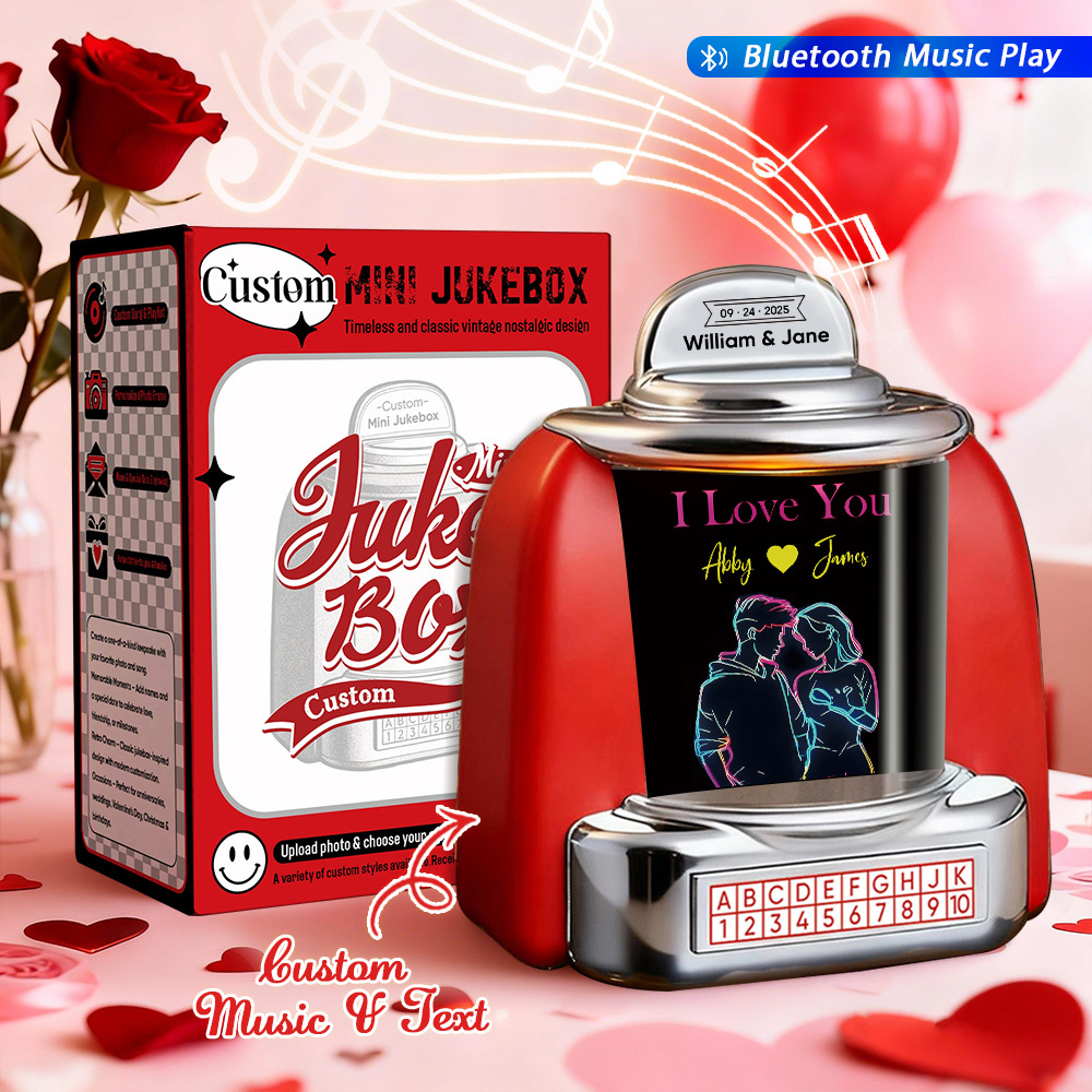 Custom Mini Jukebox Retro Speaker with Text & Bluetooth Music – Mini Jukebox Gift for Couples, Anniversary & Valentine's Day