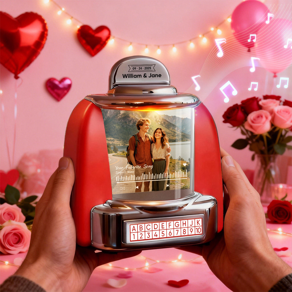 Custom Mini Jukebox with Photo & Bluetooth Music Player – Personalized Jukebox Gift for Couples, Anniversary, Valentine’s Day & Home Decor