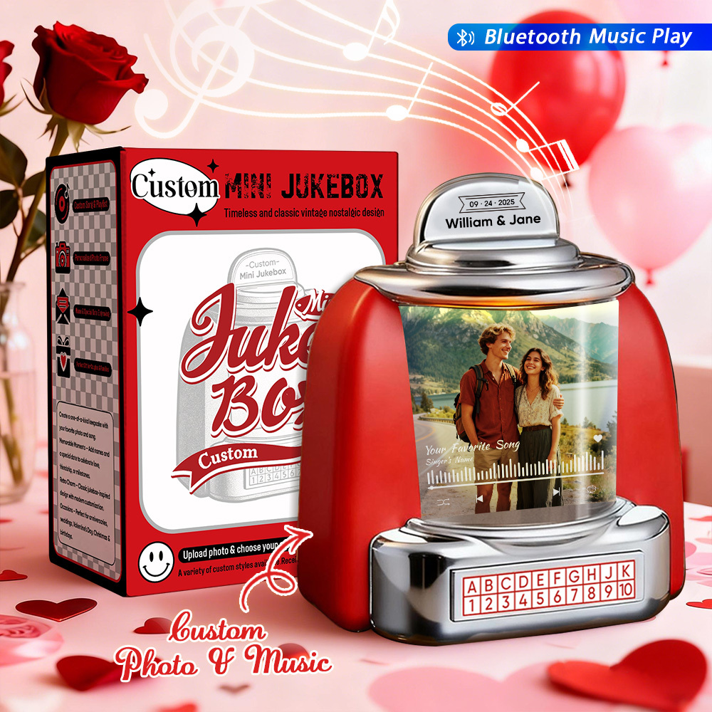 Custom Mini Jukebox with Photo & Bluetooth Music Player – Personalized Jukebox Gift for Couples, Anniversary, Valentine’s Day & Home Decor