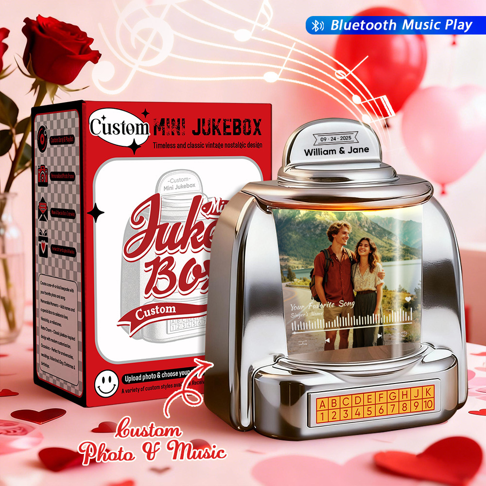 Custom Mini Jukebox with Photo & Bluetooth Music Player – Personalized Jukebox Gift for Couples, Anniversary, Valentine’s Day & Home Decor