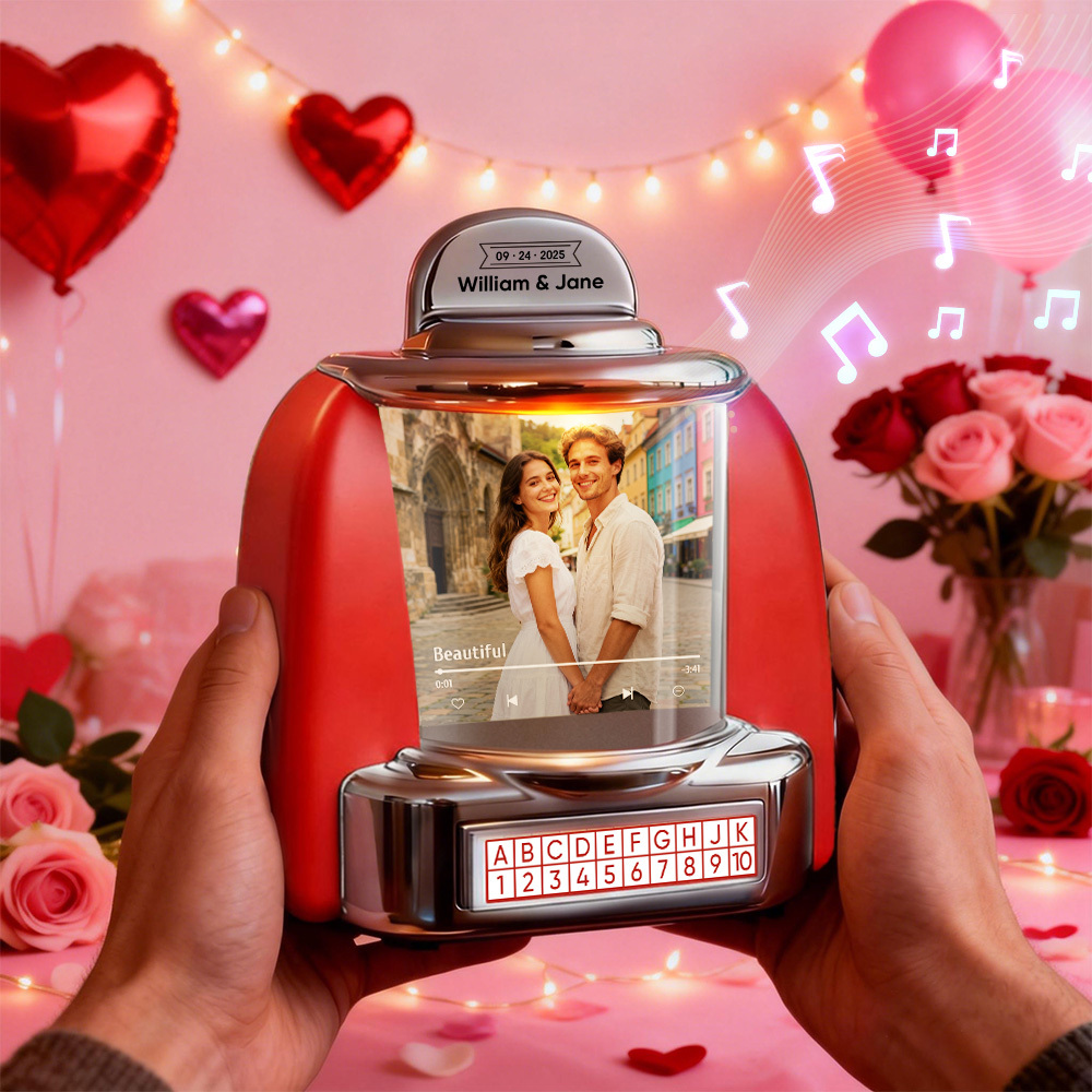 Custom Mini Jukebox with Photo & Bluetooth Music Player – Personalized Jukebox Gift for Couples, Romantic Moments, Anniversaries Valentine's Day & Home Decor