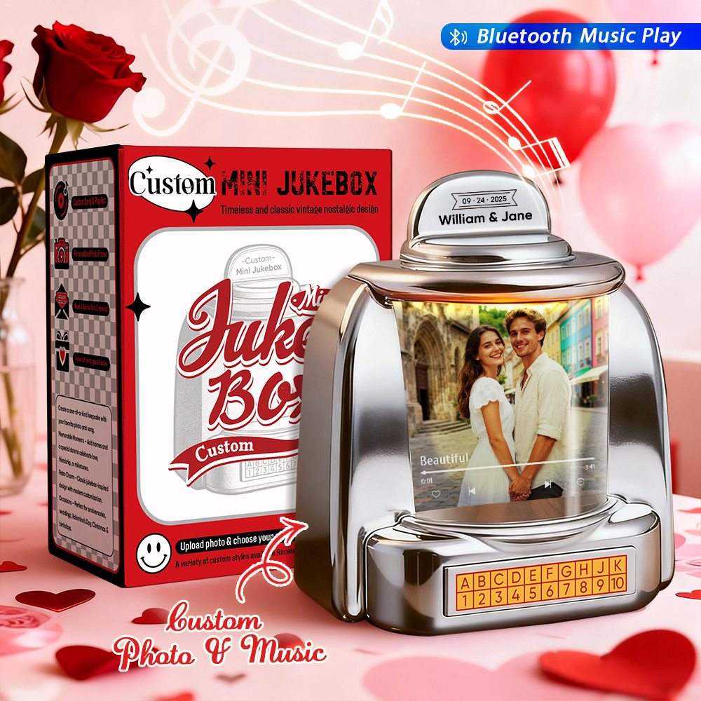 Custom Mini Jukebox with Photo & Bluetooth Music Player – Personalized Jukebox Gift for Couples, Romantic Moments, Anniversaries Valentine's Day & Home Decor