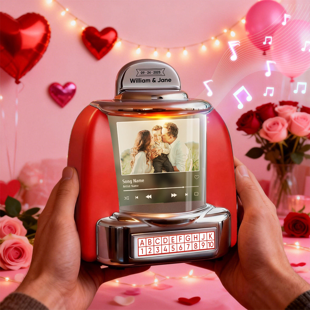 Personalized Mini Jukebox with Photo & Bluetooth Music Player –  Custom Jukebox Gift for Couples, Romantic Moments, Anniversaries Valentine's Day & Home Decor