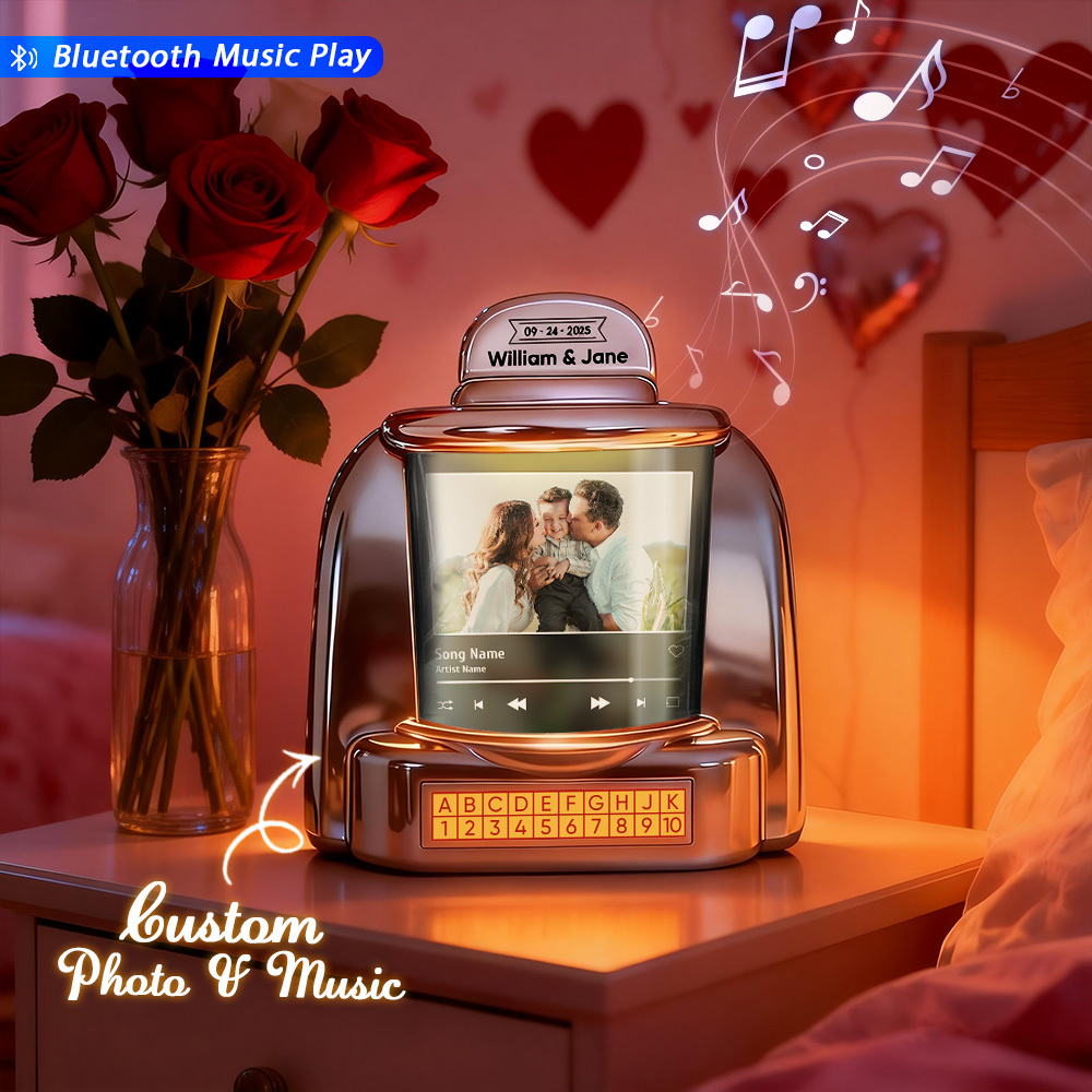 Personalized Mini Jukebox with Photo & Bluetooth Music Player –  Custom Jukebox Gift for Couples, Romantic Moments, Anniversaries Valentine's Day & Home Decor
