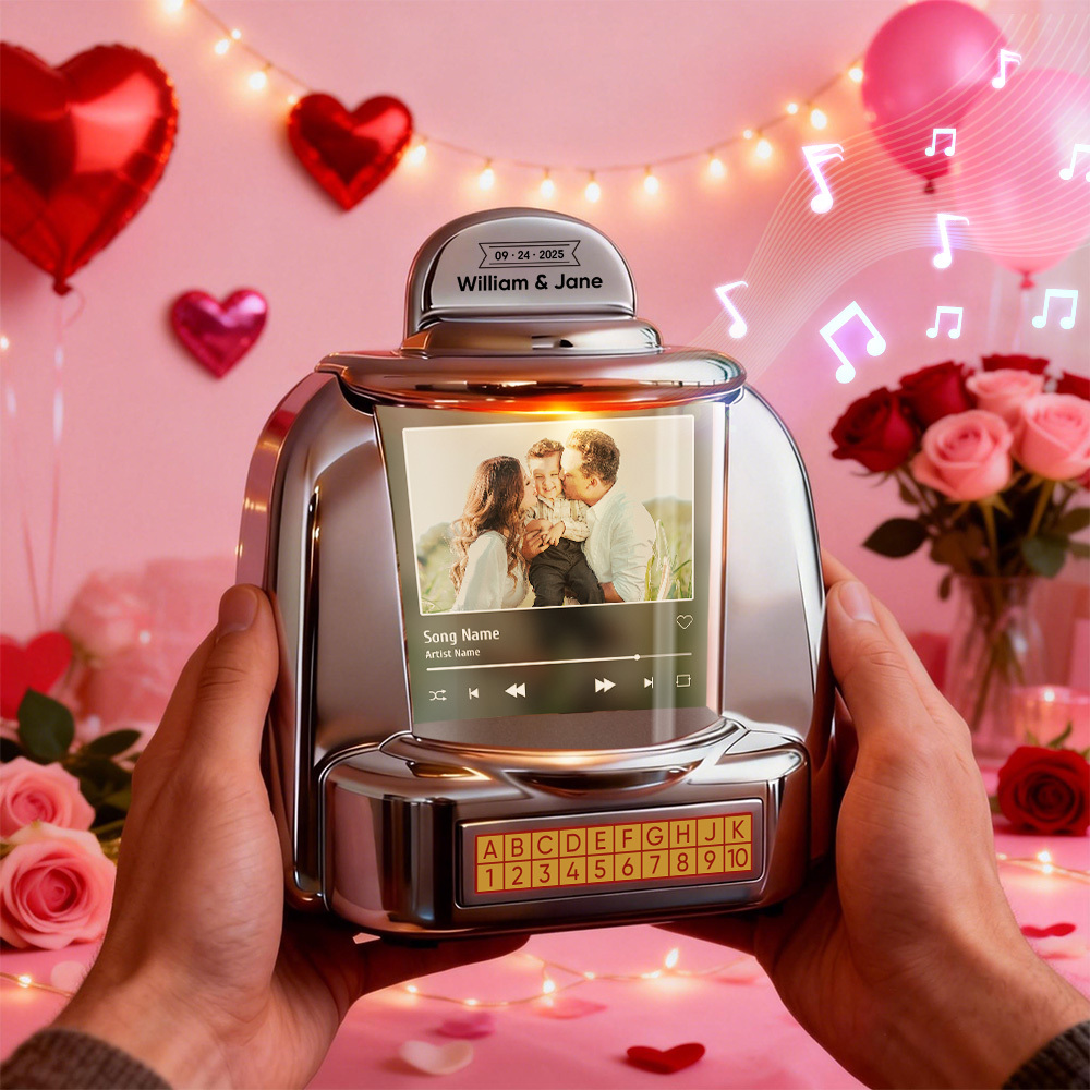 Personalized Mini Jukebox with Photo & Bluetooth Music Player –  Custom Jukebox Gift for Couples, Romantic Moments, Anniversaries Valentine's Day & Home Decor