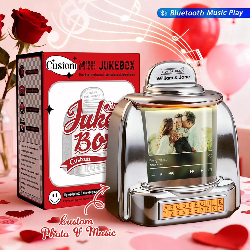 Personalized Mini Jukebox with Photo & Bluetooth Music Player –  Custom Jukebox Gift for Couples, Romantic Moments, Anniversaries Valentine's Day & Home Decor