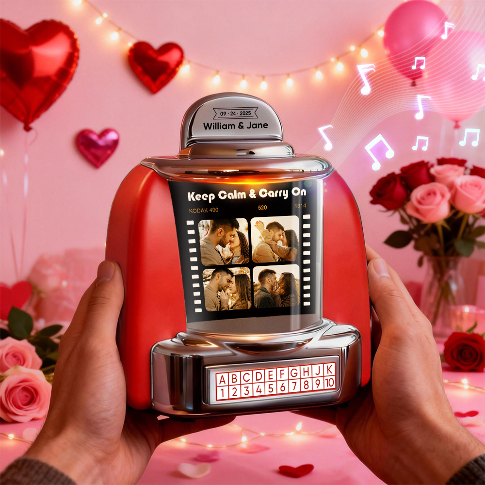 Custom Jukebox with Photo, Music & Text – Personalized Mini Bluetooth Jukebox Vintage Style Gift for Couples & Special Moments