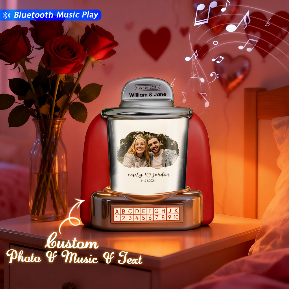 Custom Mini Jukebox Personalized Photo Music Gift – Bluetooth Jukebox with Custom Text for Couples, Anniversary & Valentine's Day