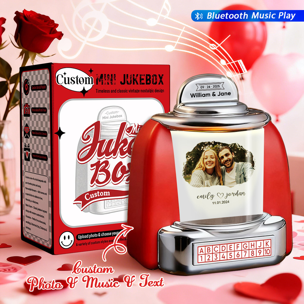 Custom Mini Jukebox Personalized Photo Music Gift – Bluetooth Jukebox with Custom Text for Couples, Anniversary & Valentine's Day