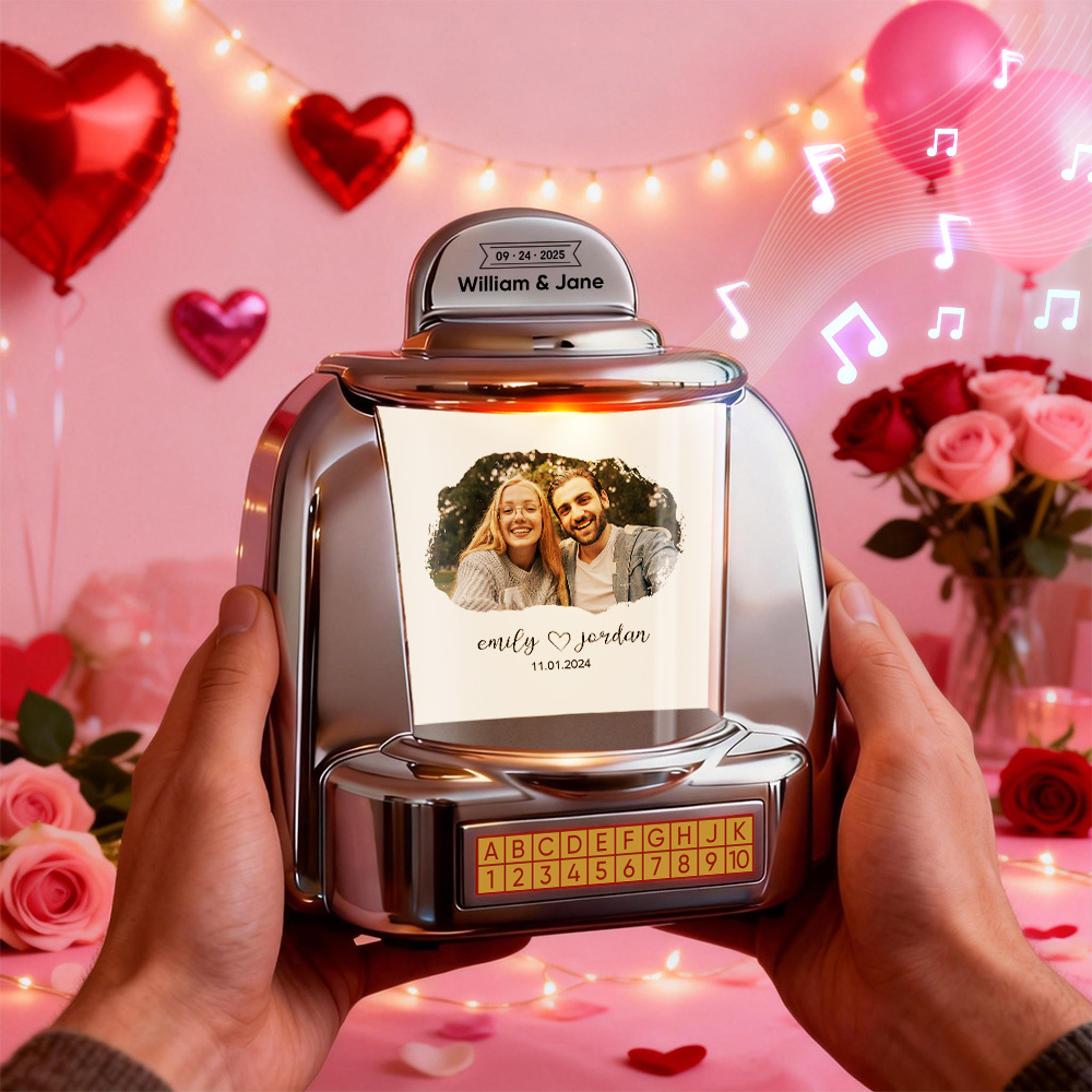 Custom Mini Jukebox Personalized Photo Music Gift – Bluetooth Jukebox with Custom Text for Couples, Anniversary & Valentine's Day
