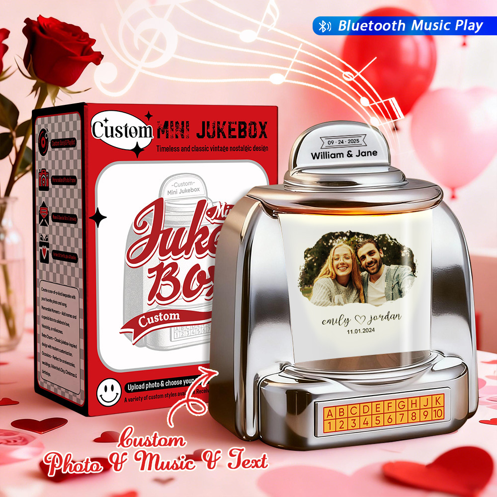 Custom Mini Jukebox Personalized Photo Music Gift – Bluetooth Jukebox with Custom Text for Couples, Anniversary & Valentine's Day