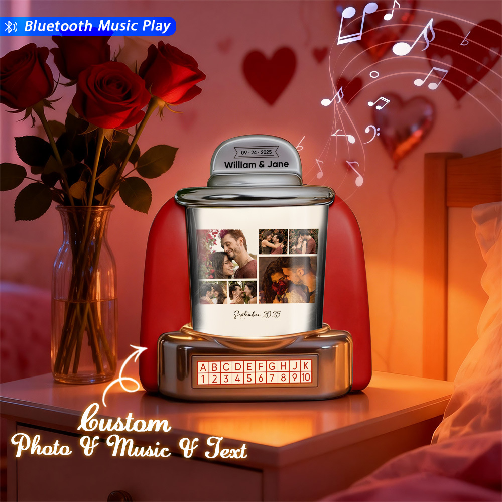 Custom Mini Jukebox Personalized Photos & Music Gift – Bluetooth Jukebox with Custom Text for Couples, Anniversary & Valentine's Day
