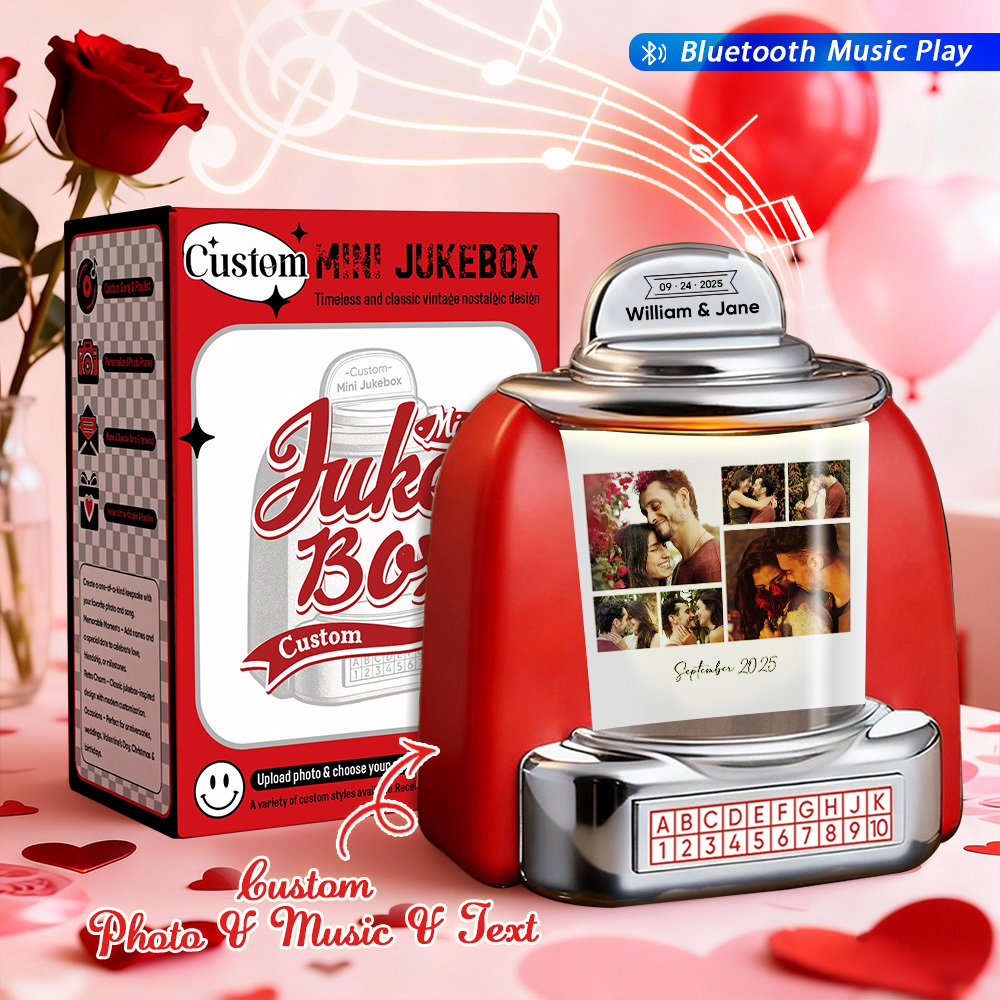 Custom Mini Jukebox Personalized Photos & Music Gift – Bluetooth Jukebox with Custom Text for Couples, Anniversary & Valentine's Day
