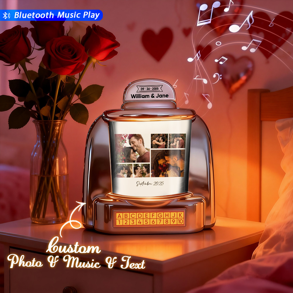 Custom Mini Jukebox Personalized Photos & Music Gift – Bluetooth Jukebox with Custom Text for Couples, Anniversary & Valentine's Day