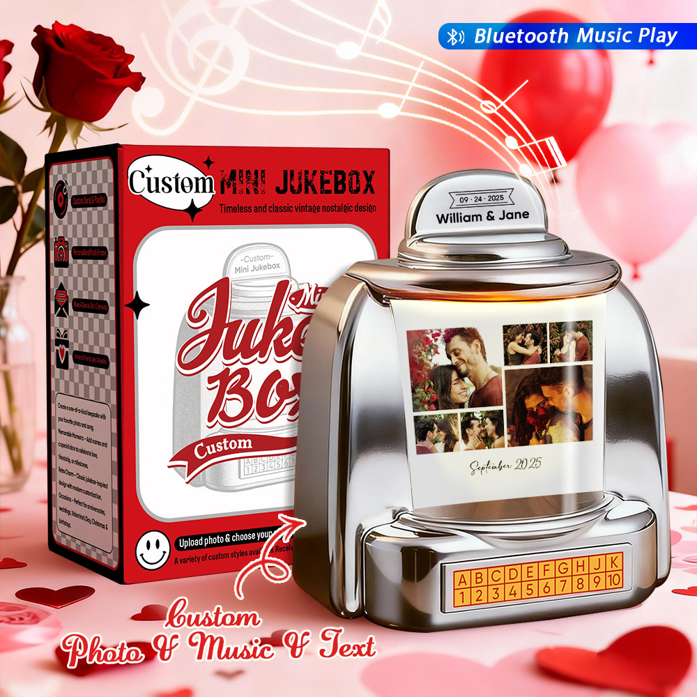 Custom Mini Jukebox Personalized Photos & Music Gift – Bluetooth Jukebox with Custom Text for Couples, Anniversary & Valentine's Day