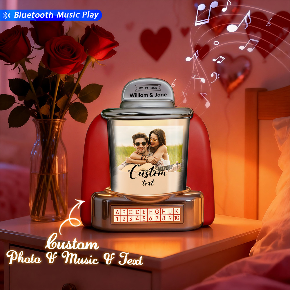 Custom Mini Jukebox Vintage Inspired with Photo & Music – Personalized Bluetooth Jukebox Keepsake Gift for Love & Memories