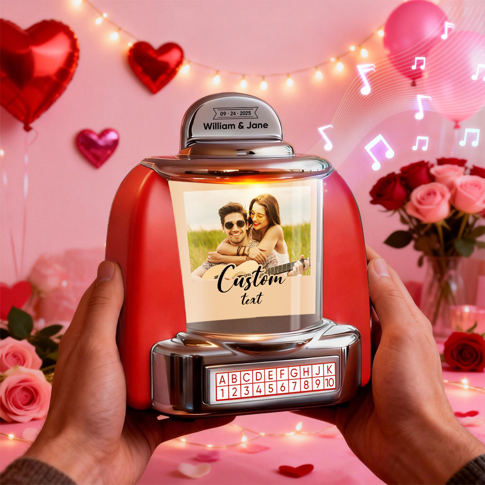 Custom Mini Jukebox Vintage Inspired with Photo & Music – Personalized Bluetooth Jukebox Keepsake Gift for Love & Memories