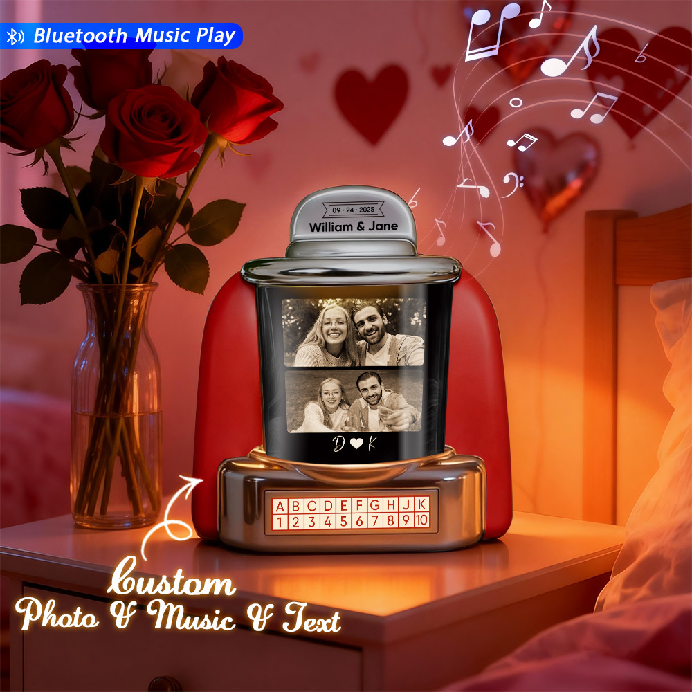 Custom Mini Jukebox with Personalized Photo, Song Memory & Text – Mini Bluetooth Jukebox for Romantic Gifts & Home Decor