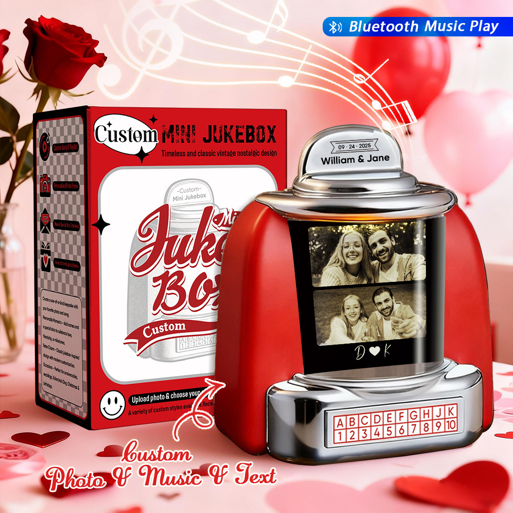 Custom Mini Jukebox with Personalized Photo, Song Memory & Text – Mini Bluetooth Jukebox for Romantic Gifts & Home Decor