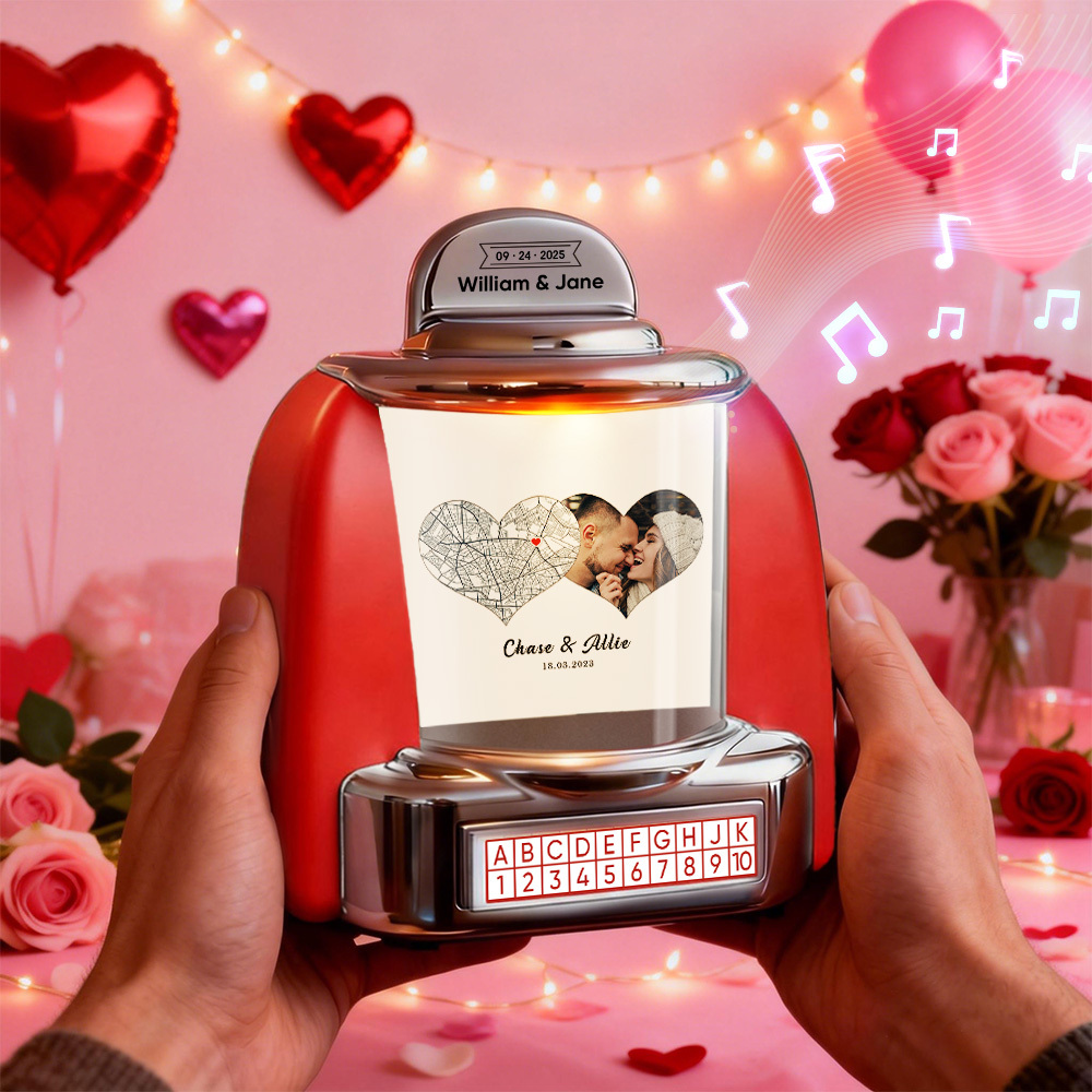 Custom Mini Jukebox Personalized Hearts Love Memory Gift – Mini Bluetooth Jukebox with Photo, Text & Special Design