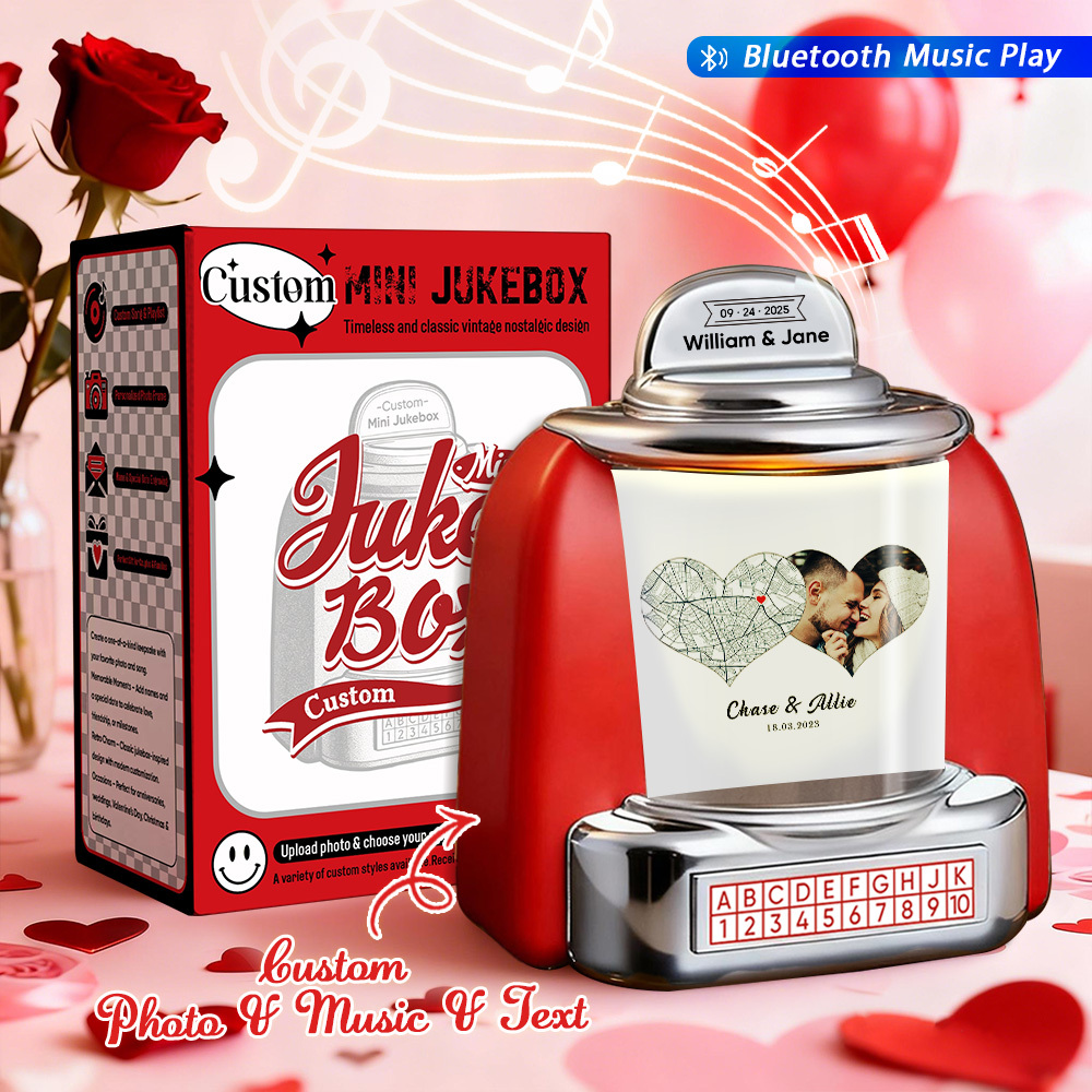 Custom Mini Jukebox Personalized Hearts Love Memory Gift – Mini Bluetooth Jukebox with Photo, Text & Special Design