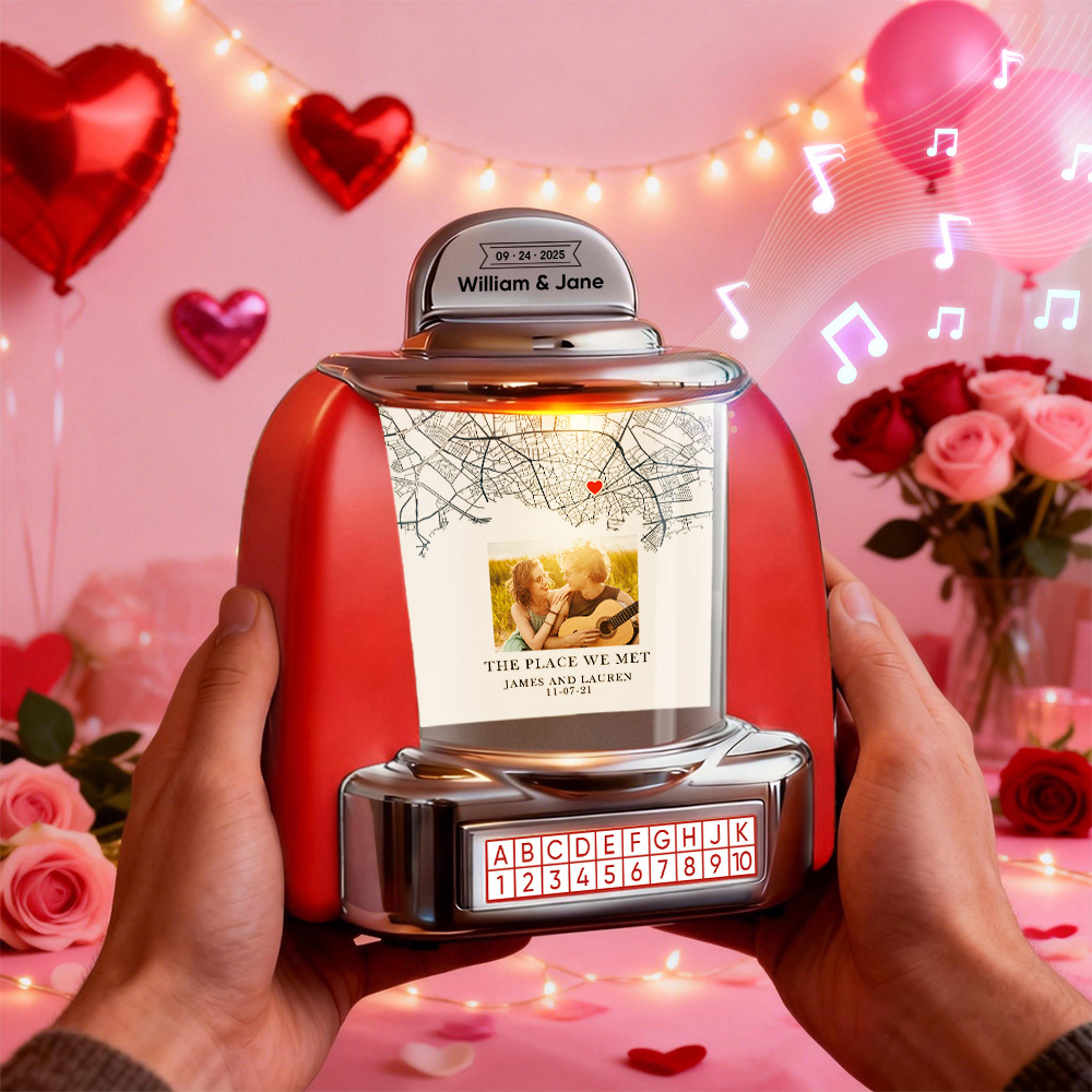 Custom Mini Jukebox Where It All Began Design – Personalized Mini Bluetooth Jukebox with Photo & Text for Couples