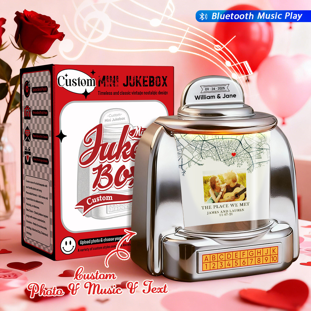 Custom Mini Jukebox Where It All Began Design – Personalized Mini Bluetooth Jukebox with Photo & Text for Couples