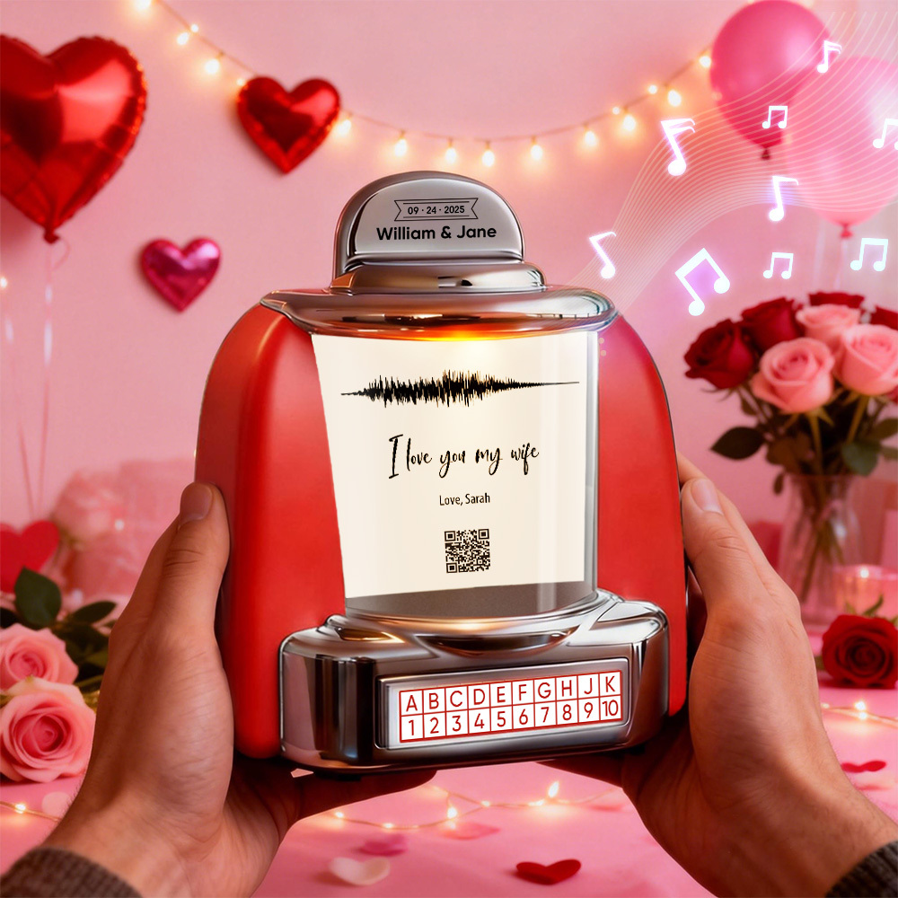 Custom Mini Jukebox with QR Code & Sound Wave – Personalized Bluetooth Jukebox with Photo, Music & Text Gift for Couples