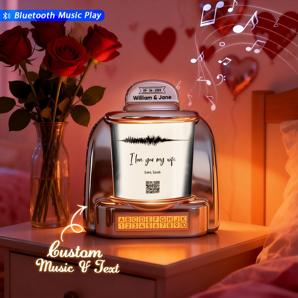 Custom Mini Jukebox with QR Code & Sound Wave – Personalized Bluetooth Jukebox with Photo, Music & Text Gift for Couples