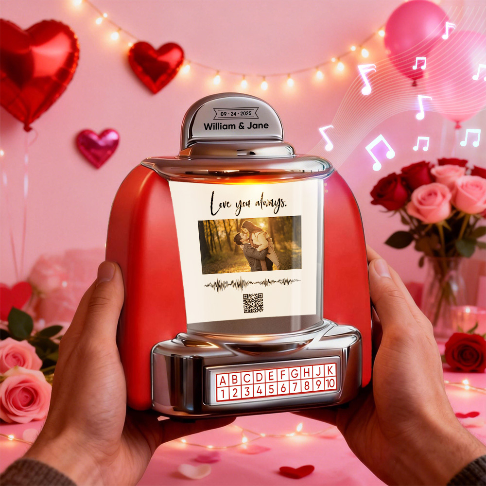 Custom Mini Jukebox with Photo & QR Code & Sound Wave – Personalized Bluetooth Jukebox with Photo, Music & Text Gift for Couples