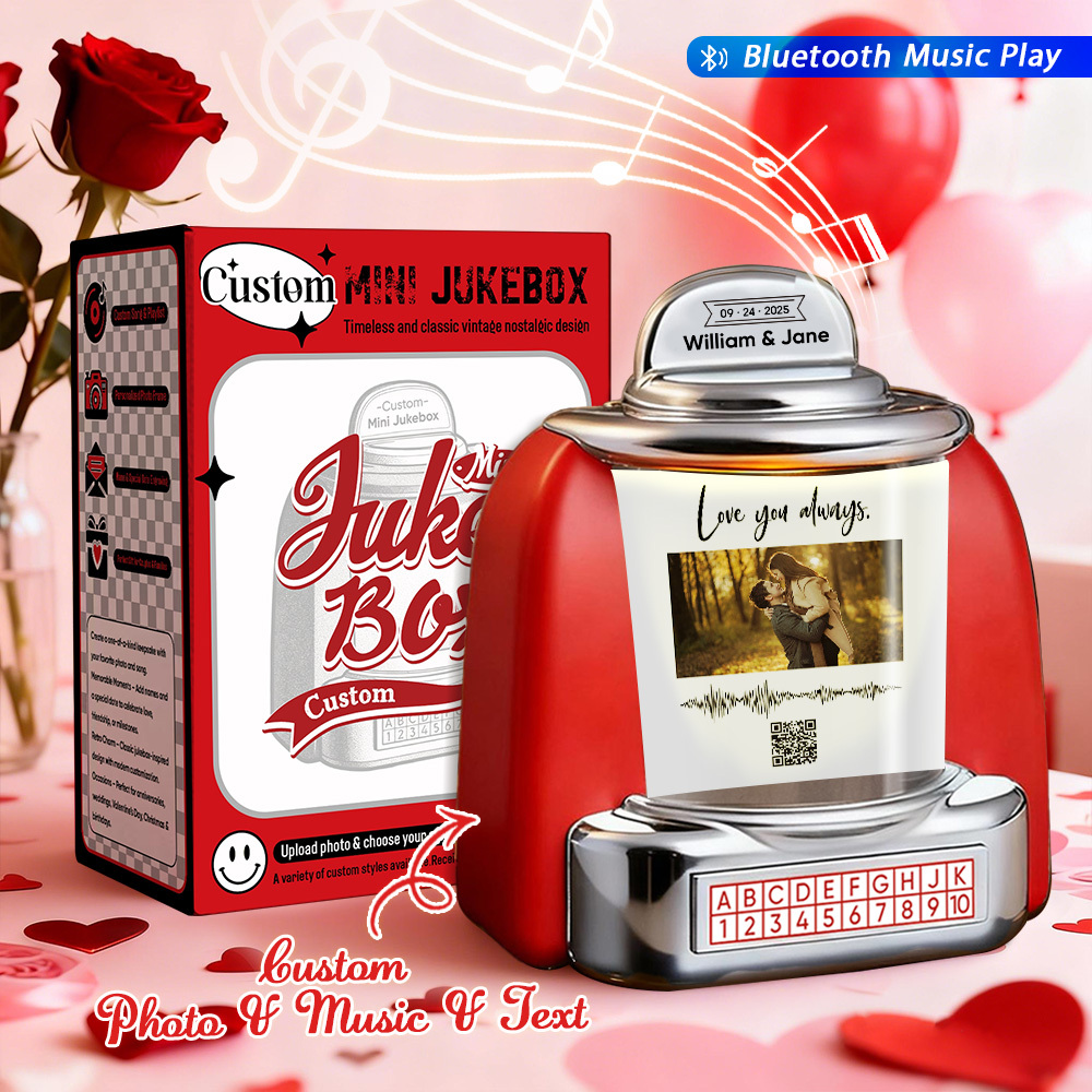 Custom Mini Jukebox with Photo & QR Code & Sound Wave – Personalized Bluetooth Jukebox with Photo, Music & Text Gift for Couples