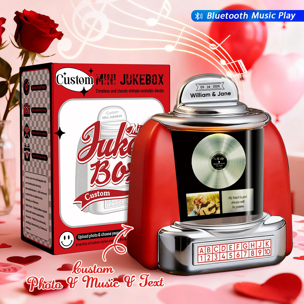 Custom Mini Jukebox with Photo Vintage Personalized Bluetooth Jukebox with Photo, Music & Text Gift for Couples