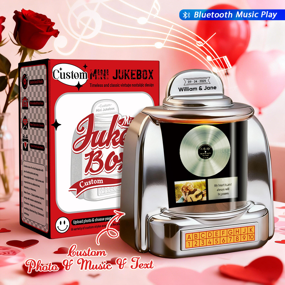 Custom Mini Jukebox with Photo Vintage Personalized Bluetooth Jukebox with Photo, Music & Text Gift for Couples