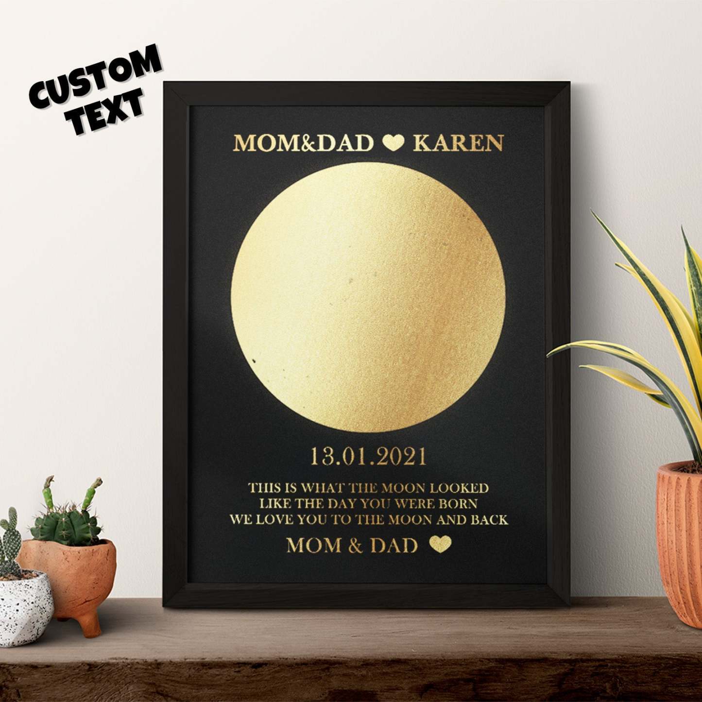Custom Moon Phase Foil Print Wooden Frame Personalized Name and Text Family Gift - MyPhotoSocks