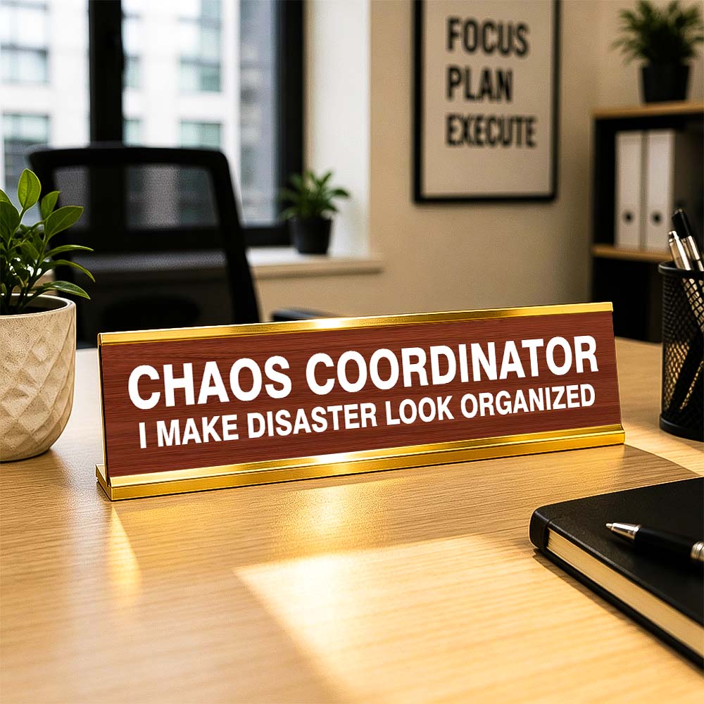 Funny Desk Sign for Office Workers – 'CHAOS COORDINATOR ' Plaque with Gold Frame
