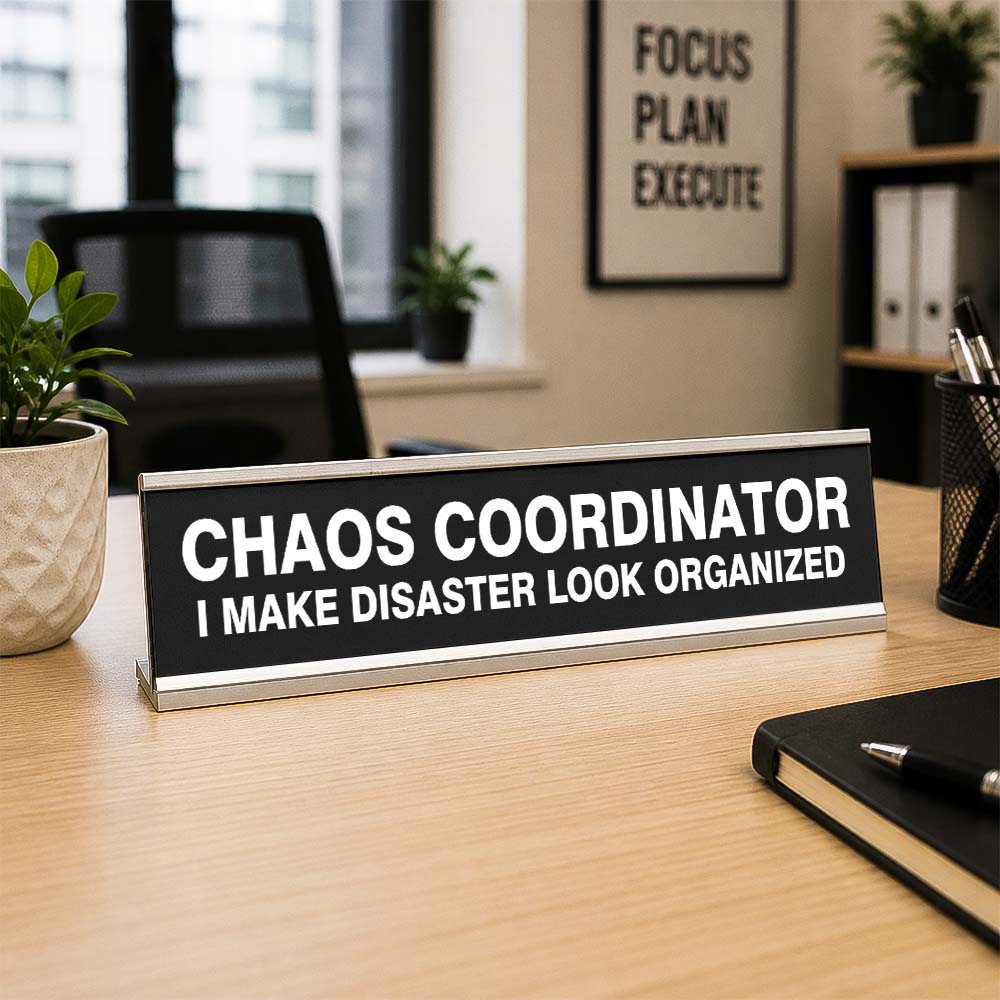 Funny Desk Sign for Office Workers – 'CHAOS COORDINATOR ' Plaque with Gold Frame