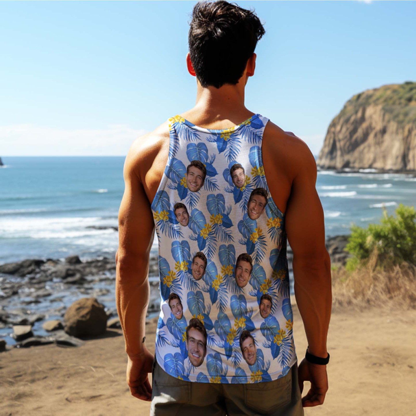 Custom Face Tank Tops Hawaiian Tropical Style Casual Tank Top Blue Flower