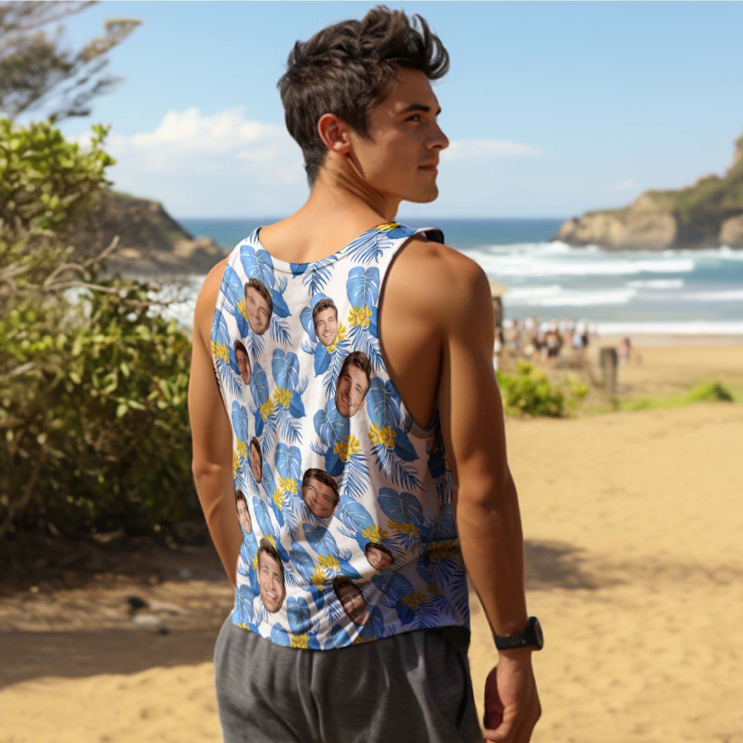 Custom Face Tank Tops Hawaiian Tropical Style Casual Tank Top Blue Flower