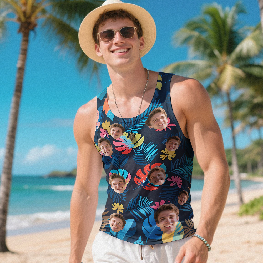 Custom Funny Face Hawaii Tank Tops Tropical Leaves Summer Hawaiian Blue Tank Tops For Men - MyPhotoSocks