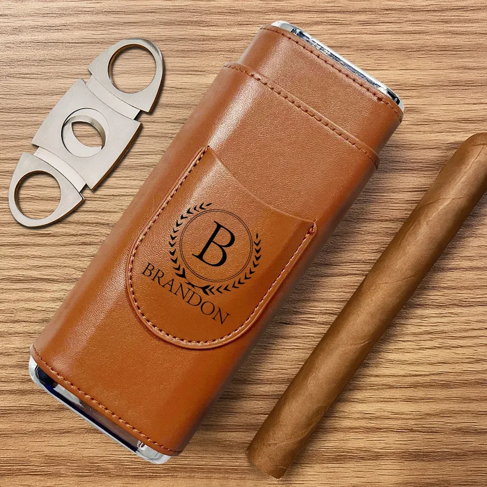 Personalized Cigar Case, Leather Cigar Holder with Cutter, Cigar Travel Case, Groomsmen Gifts, Gift for Dad Husband Gift for Him