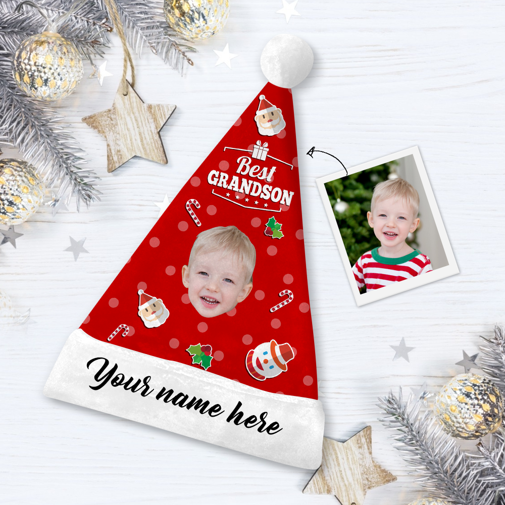 Custom Best Grandson Photo Santa Hat With Your Text - MyPhotoSocks