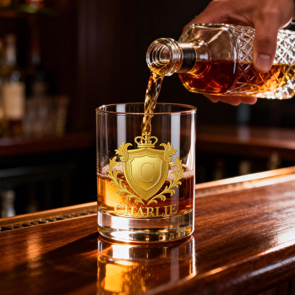 Custom Golden 2D Flat Printing Badge 10 oz Rock Whiskey Glass Birthday Gift - Cheers with Legendary Man